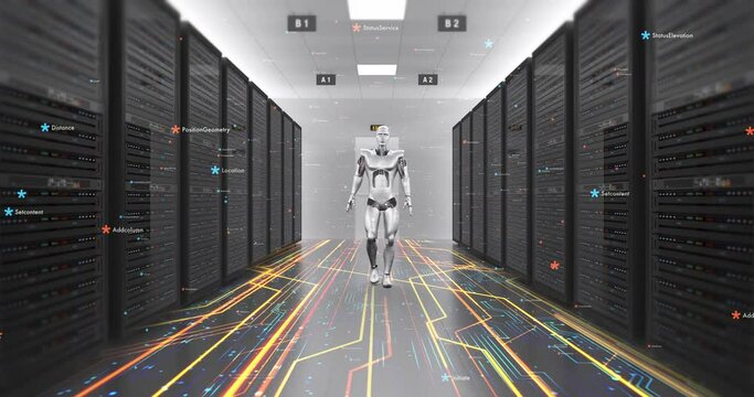 Humanoid Robot Confidently Walking In A High Tech Data Center. Technology Related 3D Animation.