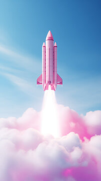 A photo of a pink spaceship launching into the air