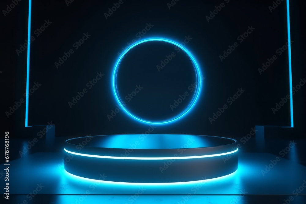 Wall mural empty blue podium floating in the air with blue neon ring on background. generative ai
