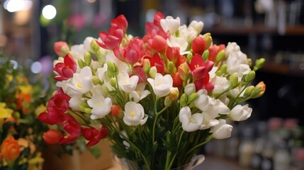 bouquet of red and white freesia flowers close up. Spring Flowers. Freesia. Springtime Concept. Mothers Day Concept with a Copy Space. Valentine's Day.