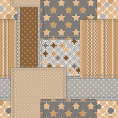 Seamless monochrome patchwork pattern. Gray, beige ornament with polka dots, stripes with stars. Traditional rustic pattern.