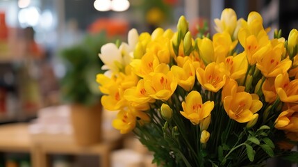 Bouquet of yellow freesia flowers. Spring Flowers. Freesia. Springtime Concept. Mothers Day Concept with a Copy Space. Valentine's Day.