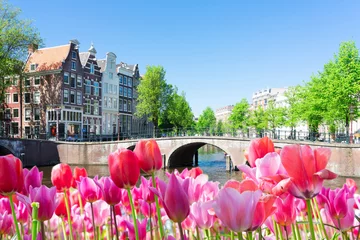 Papier Peint photo Amsterdam historical houses of Amsterdam over canal ring landmark in old european citye, Holand Netherlands. Amsterdam spring scenery with tulips
