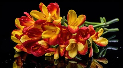 Bouquet of orange and yellow freesia flowers. Spring Flowers. Freesia. Springtime Concept. Mothers Day Concept with a Copy Space. Valentine's Day.