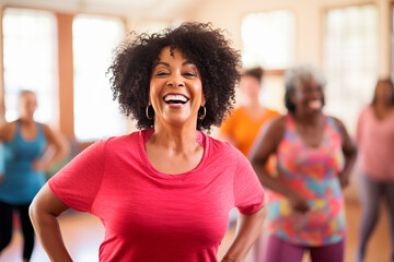 Fototapeta premium Middle-aged women enjoying a joyful dance class, candidly expressing their active lifestyle through Zumba with friends