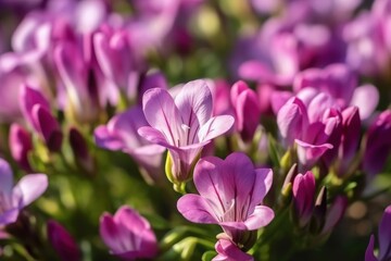 Close up of purple geranium flowers in the garden. Spring Flowers. Freesia. Springtime Concept. Mothers Day Concept with a Copy Space. Valentine's Day.