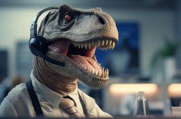 Customer service with a roar, A dinosaur in a headset spices up the office environment.