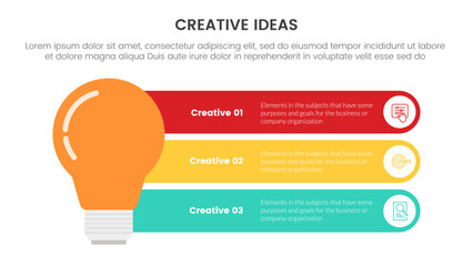 creative idea concept infographic 3 point stage template with ligthbulb and round rectangle box for slide presentation