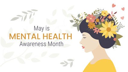 Banner for Mental Health Awareness Month in May. Girl with leaves on a light background
