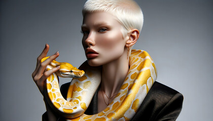 Blonde high fashion model with python around the neck