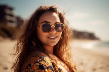 Happy chubby fat plus size woman in sunglasses on the beach at sunset, close-up portrait with bokeh - obrazy, fototapety, plakaty