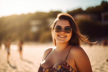 Happy chubby fat plus size woman in sunglasses on the beach at sunset, close-up portrait with bokeh - obrazy, fototapety, plakaty