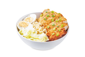 Ramen noodles with meat schnitzel slices, peking cabbage, eggs and scallions on a white isolated background