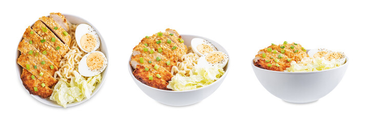 Ramen noodles with meat schnitzel slices, peking cabbage, eggs and scallions on a white isolated background