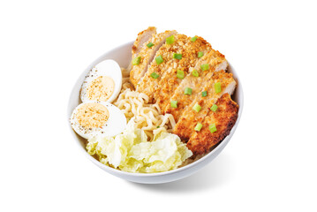 Ramen noodles with meat schnitzel slices, peking cabbage, eggs and scallions on a white isolated background