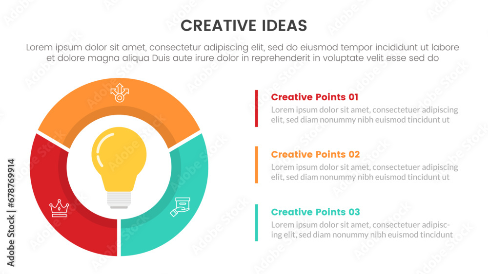 Poster creative idea concept infographic 3 point stage template with big outline circle with piechart and v