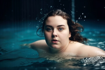 Fat chubby plus size woman swims in the pool, close-up portrait in the water