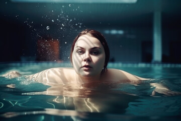 Fat chubby plus size woman swims in the pool, close-up portrait in the water