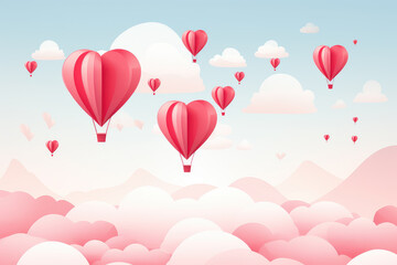 Heart-shaped balloons floating in the sky. Perfect for Valentine's Day or any festive celebration minimalist paper cut design in red pink and white creates a dreamlike atmosphere adding a touch of joy