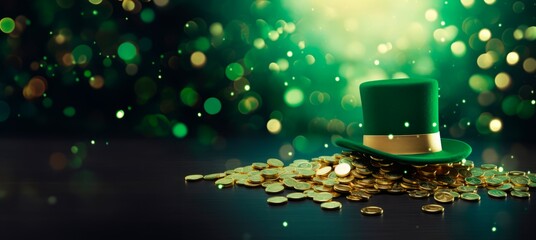Shiny green hat, and gold coins on wooden table and bokeh green background St. Patrick's day concept, horizontal banner, copy space for text - obrazy, fototapety, plakaty