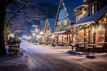 Fototapeta premium A Serene Winter Wonderland: The Village Square Blanketed in Freshly Fallen Snow on Christmas Eve