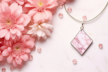Necklace with gems and chrysanthemum flowers on a pink background. Empty space for product placement or promotional text.