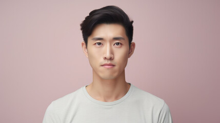 Confident young Asian man in a casual white tee, with a neat hairstyle, exudes charisma against a soft pink background