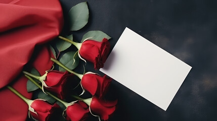 Top-view image featuring red roses and blank paper, creating a floral composition ideal for romantic occasions. Perfect for conveying love messages for Valentine's Day or special events.