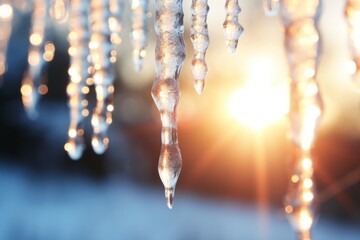 Close-up of sparkling icicles hanging under the winter sun during Christmas time