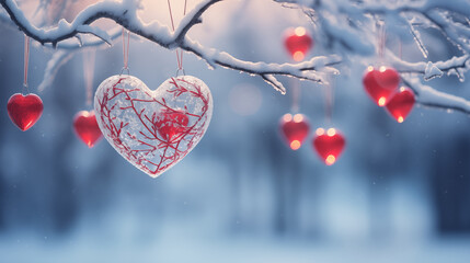 Fototapeta premium Hearts hang on a snow-covered branch. Valentine's day background.