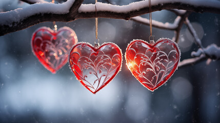 Hearts hang on a snow-covered branch. Valentine's day background.