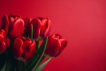 Holiday banner with red tulips. Spring flowers on red background with copy space. Greeting card for Valentine's Day, Woman's Day and Mother's Day holidays. Flat lay, banner size