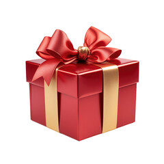 Fototapeta premium Close-up view of a red present box with a beautiful golden bow on a cut out PNG transparent background. Christmas present