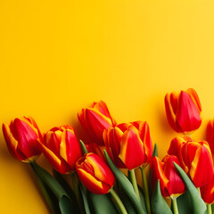 Holiday banner with red tulips. Spring flowers on yellow background with copy space. Greeting card for Valentine's Day, Woman's Day and Mother's Day holidays. Flat lay, banner size