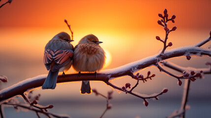 Cute love birds are sitting on a branch. Valentine's day concept.