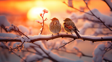 Cute love birds are sitting on a branch. Valentine's day concept.