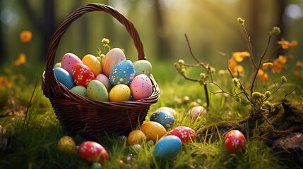 .Easter eggs in a basket on the grass.