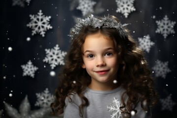 A Joyful Red-haired Kid Playing with Snowflake Props in a Silver Christmas Studio Setting