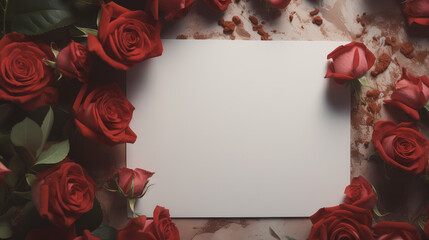 Top view of blank paper surrounded by roses. Ideal for weddings and cards, this creative mockup offers a minimalist and romantic backdrop.
