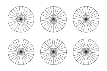 Collection of segmented charts isolated on a white background. Many number of sectors divide the circle on equal parts. Set of pie graphs. Outline thin graphics. Vector illustration.