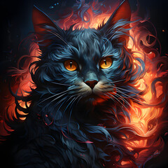 Black cat on fiery background. Generative AI