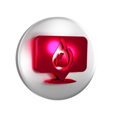Fototapeta premium Red Map pointer with fire flame icon isolated on transparent background. Fire nearby. Silver circle button.