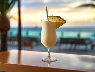 pina colada cocktail on the table in front of the sunset on the sea
