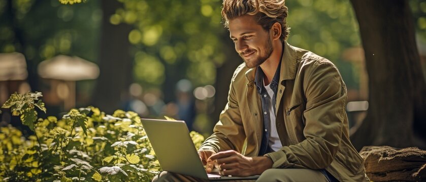 A Young Man Sitting Outside On The Grass With A Laptop.