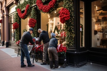 Store employees working together to create a captivating Christmas display in their shop window