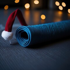 Close up of yoga mat with Santa Claus hat with home decorated for Christmas, New Year. Healthy lifestyle, weight loss.