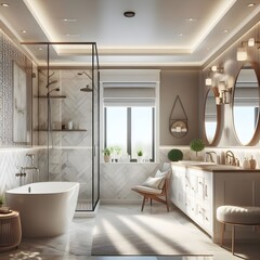 A stylish bathroom with a walk-in shower, soaking tub, and vanity