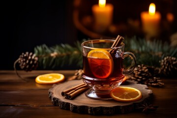 Festive Season's Traditional Beverage: Mulled Wine with Cinnamon and Orange Slices on a Wooden Table