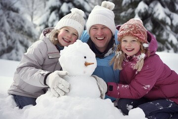 Fototapeta premium A Heartwarming Scene of a Family Building a Snowman Together on a Chilly Winter Day