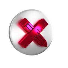 Red Crossed ruler and pencil icon isolated on transparent background. Straightedge symbol. Drawing and educational tools. Silver circle button.